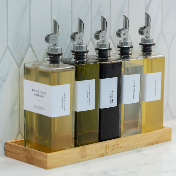Oil & Vinegar Book Bottles with Bamboo Tray – 5 Pack for kitchen organisation, featuring stylish storage organisers for pantry use.
