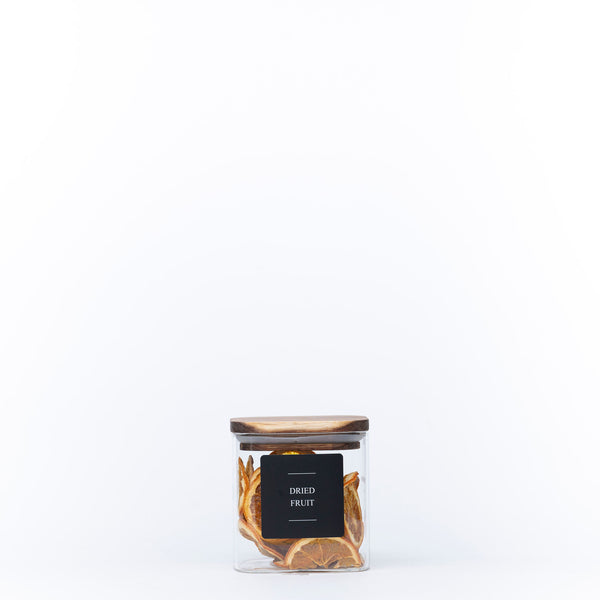 Square Acacia Lid Glass Jar filled with dried fruit, ideal for pantry organisation and kitchen storage solutions.