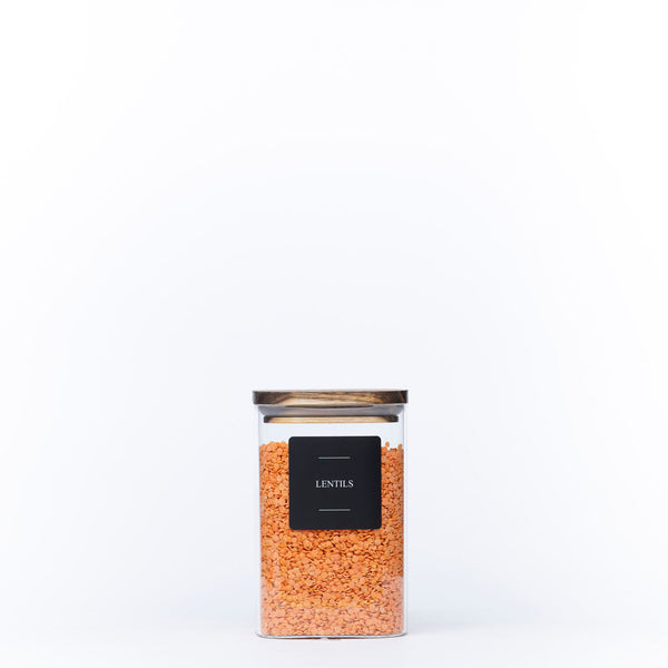 Square Acacia Lid Glass Jars – 5 Sizes used for storing lentils, perfect for pantry organisation and kitchen storage.