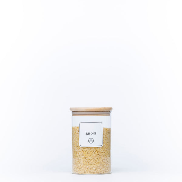 1250ml Glass Storage Jar with Bamboo Lid filled with risoni, ideal for pantry organisation and kitchen storage.