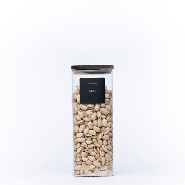 Square Acacia Lid Glass Jar filled with pistachios for pantry organisation, offering a stylish kitchen storage solution.