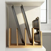 Bamboo Standing Tray & Lid Organiser used for kitchen storage, perfect for organising baking trays and pans in a cabinet.