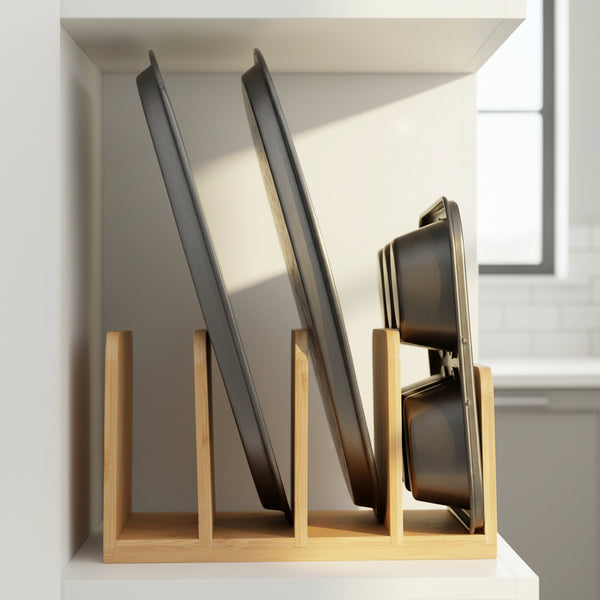 Bamboo Standing Tray & Lid Organiser used for kitchen storage, perfect for organising baking trays and pans in a cabinet.