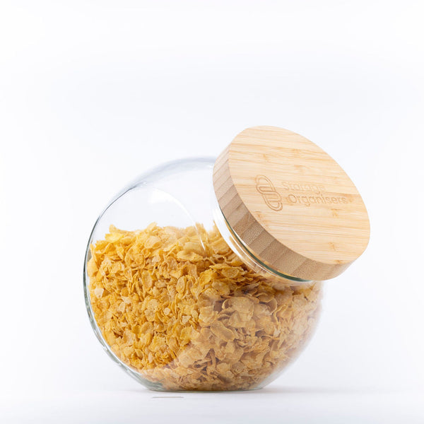 Round Tilt Glass Jar with Bamboo Lid – 4 L filled with cornflakes, ideal for kitchen and pantry organisation, enhancing storage organisers.
