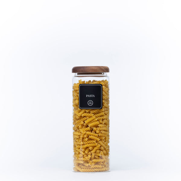 1500ml Acacia Glass Jar – Airtight Kitchen Storage filled with pasta, ideal for pantry organisation and kitchen storage solutions.