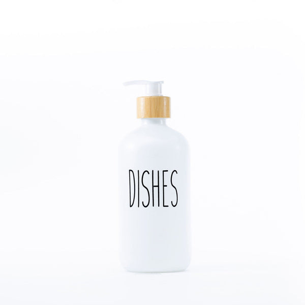 White Glass Pump Bottle – 500 ml Refillable Dispenser for kitchen organisation, ideal for soap or liquid storage on countertops.