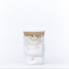 Stackable Round Bamboo Glass Jar – 450ml filled with cotton pads and swabs for bathroom storage and organisation.