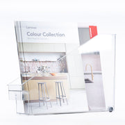 Clear Pull-Out Organiser holding kitchen catalogues, ideal for pantry organisation and deep shelves storage.