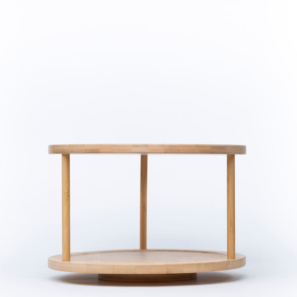 Double-Tier Bamboo Lazy Susan – 30cm Rotating Organiser for efficient kitchen pantry storage and easy access to items.