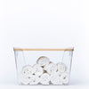 Clear Storage Container with Bamboo Lid – 29cm holding rolled towels, ideal for bathroom or under sink storage and organisation.