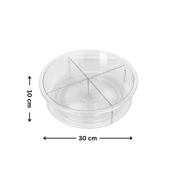Tall round clear rotating tray with partitions, perfect for kitchen storage organizer.
