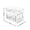 Clear plastic under-sink drawer organiser with measurements, ideal for kitchen or pantry, enhances storage with pull out bins.