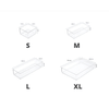 Illustration of clear drawer organisers in various sizes: small to extra large.