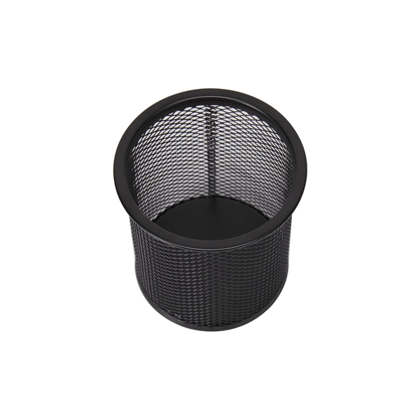 Black mesh pen cup for desk organisation, ideal for office storage and space-saving.