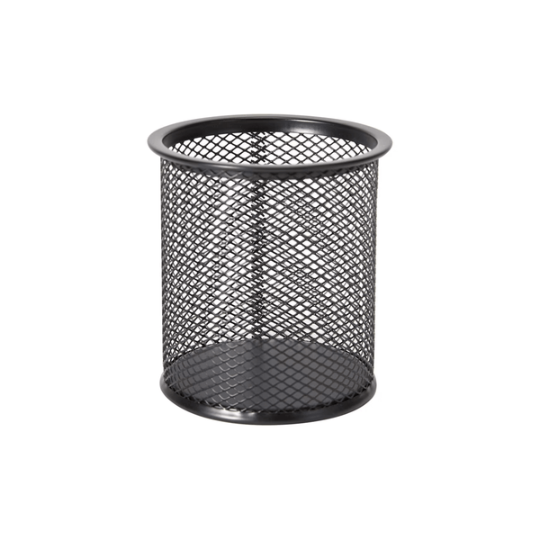 Black mesh pen cup for desk organization, space-saving storage organizer.