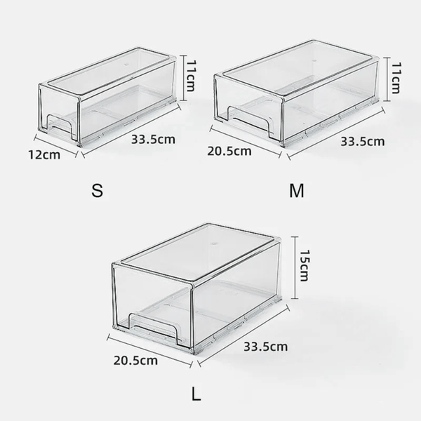 Clear modular drawer organiser set for pantry or fridge space-saving storage.