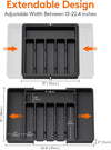 Expandable Cutlery Drawer Organiser Tray – Black (7 Slot) shown expanding with measurements for kitchen storage organisers.