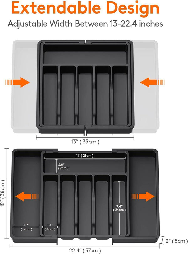 Expandable Cutlery Drawer Organiser Tray – Black (7 Slot) shown expanding with measurements for kitchen storage organisers.