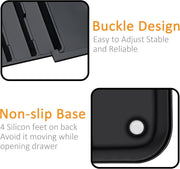 Close-up of Expandable Cutlery Drawer Organiser Tray – Black (7 Slot) with non-slip base and buckle design for kitchen use.