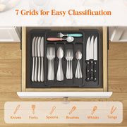 Expandable Cutlery Drawer Organiser Tray – Black (7 Slot) in kitchen drawer, perfect for tidy cutlery storage and kitchen organisation.