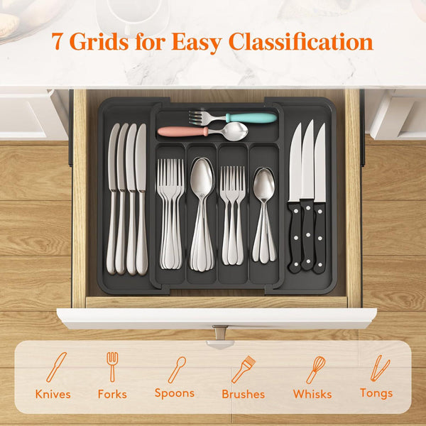 Expandable Cutlery Drawer Organiser Tray – Black (7 Slot) in kitchen drawer, perfect for tidy cutlery storage and kitchen organisation.