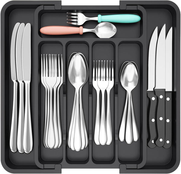 Expandable Cutlery Drawer Organiser Tray – Black (7 Slot)