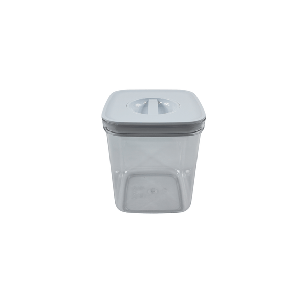 Clear storage organiser with white twist lid, perfect for pantry jars or fridge containers.