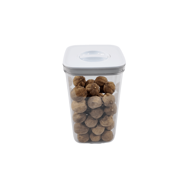 Clear twist-top canister filled with nuts; perfect pantry storage organiser, airtight kitchen container.