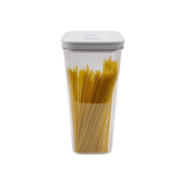 White Twist Canister Set – 16 Pack storing spaghetti, ideal for kitchen and pantry organisation, promotes efficient storage.