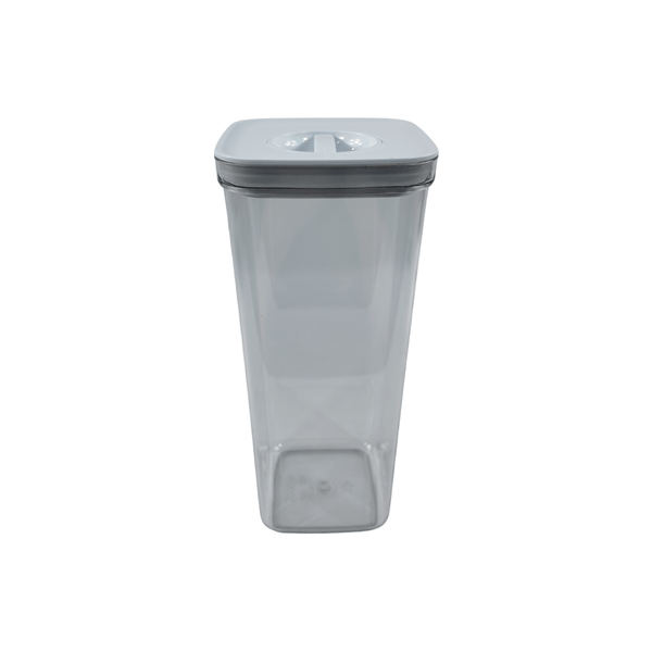 Clear twist-top storage organiser canister for pantry, kitchen, or fridge.