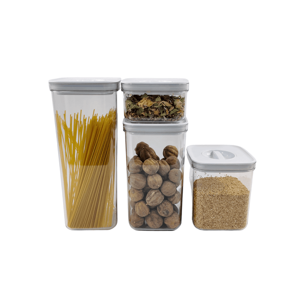 White Twist Canister Set – 16 Pack filled with pasta and nuts, ideal for pantry organisation with clear storage organisers.