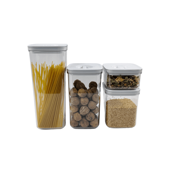A White Twist Canister Set – 16 Pack displaying pasta, nuts, tea, and breadcrumbs for efficient kitchen and pantry organisation.