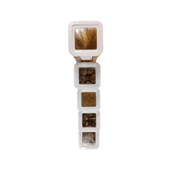 White airtight containers with transparent lids, ideal for pantry and fridge storage.