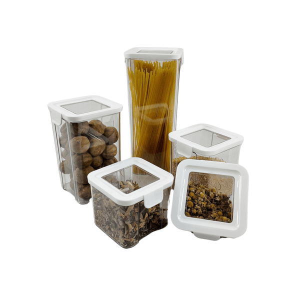White airtight containers with transparent lids, ideal for pantry jar storage and kitchen organization.