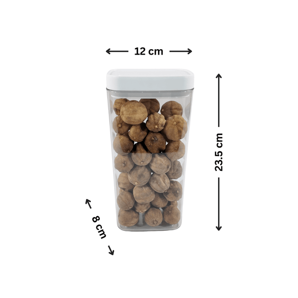 Transparent airtight container filled with nuts, 12x8x23.5 cm, ideal pantry storage organiser.