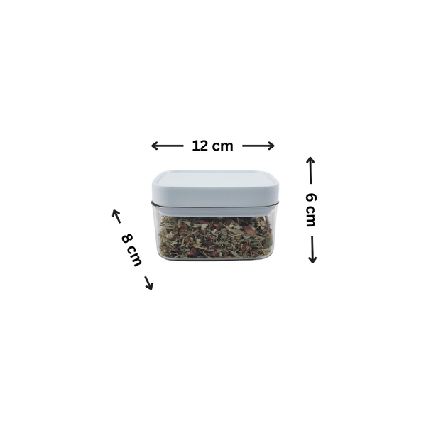 Compact white airtight container, 12x8x6cm size, ideal for kitchen storage, organizing spices.