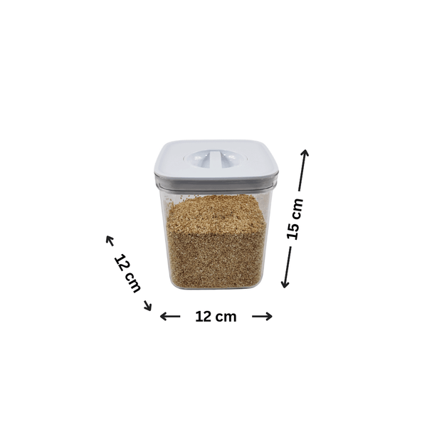 Acrylic canister with twist lid, 12x12x15 cm, ideal for kitchen storage, pantry organization, space-saving solution.