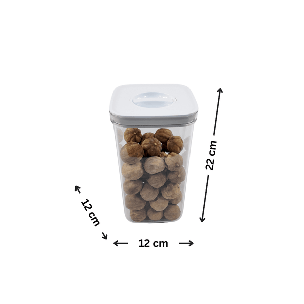 Clear kitchen storage container with lid, measures 12cm x 12cm x 22cm, ideal for pantry organisation and stylish home storage.