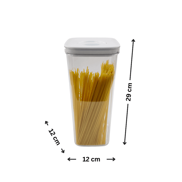 Clear tall storage container with white lid, perfect for pasta, 29cm height, ideal for kitchen or pantry organization and decluttering.