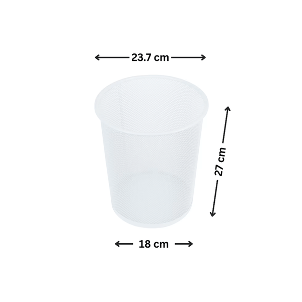 White mesh metal bin for waste disposal, 23.7x18x27cm, ideal for kitchen storage.