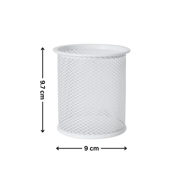 White mesh pen cup, 9x9.7 cm, ideal desk organiser for space-saving office storage.