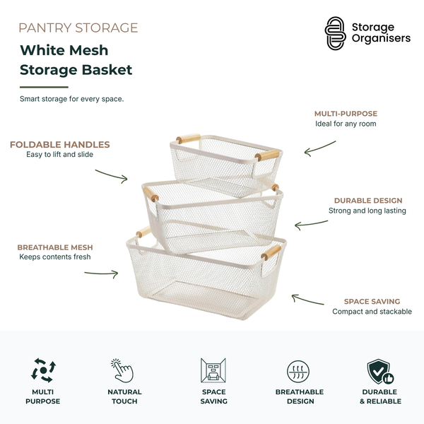 White mesh storage basket with wooden handles for pantry, laundry, and home organisation with breathable stackable storage design