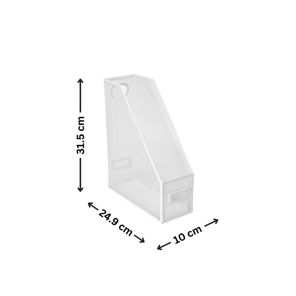White metal magazine file holder for office or home storage, 31.5x24.9x10 cm.