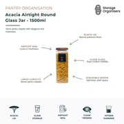 1500ml acacia airtight round glass storage jar with premium acacia wood lid, designed for stylish pantry organisation and long-lasting food freshness. Features a secure airtight seal to help preserve dry goods, clear glass construction for easy content visibility, stackable design for efficient shelf storage, and large capacity for pantry staples. Ideal for storing pasta, rice, cereals, flour, sugar, snacks, coffee, and other kitchen essentials while creating an organised and elegant pantry.