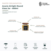 600ml acacia airtight round glass jar with clear glass body and natural acacia wood lid, ideal for pantry organisation and food storage. Features an airtight seal to help maintain freshness, stackable design for efficient shelf organisation, and transparent glass for easy visibility of pasta, grains, nuts, coffee, tea and dry ingredients. Stylish, durable and practical storage solution for organised kitchens and pantries.