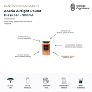 900ml acacia airtight round glass jar with clear glass body and natural acacia wood lid, designed for stylish pantry organisation and long-lasting food storage. Features an airtight seal to help maintain freshness, stackable design for maximising shelf space, and transparent glass for easy visibility of grains, pasta, nuts, coffee, tea and pantry staples. Durable, elegant and practical storage solution for organised kitchens and pantries.
