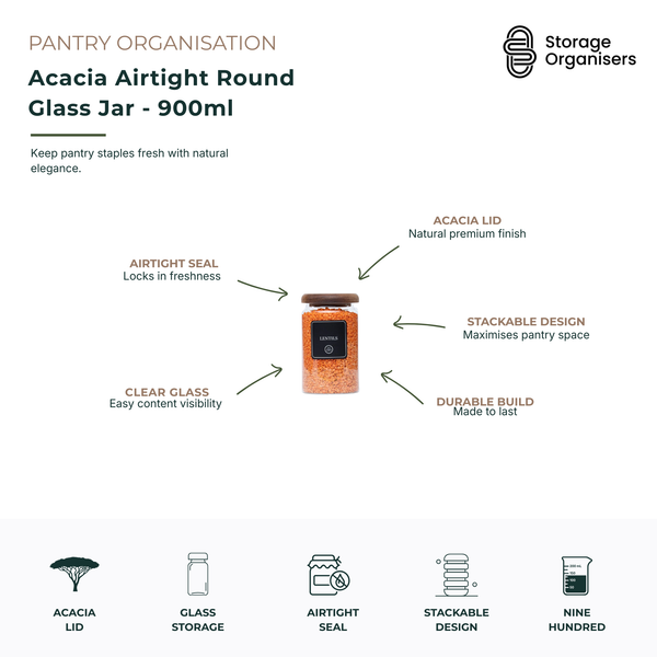 900ml acacia airtight round glass jar with clear glass body and natural acacia wood lid, designed for stylish pantry organisation and long-lasting food storage. Features an airtight seal to help maintain freshness, stackable design for maximising shelf space, and transparent glass for easy visibility of grains, pasta, nuts, coffee, tea and pantry staples. Durable, elegant and practical storage solution for organised kitchens and pantries.