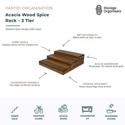 3-tier acacia wood spice rack designed to organise herbs, spices, seasoning jars, and small pantry essentials. Crafted from durable acacia hardwood with a rich natural grain, the tiered design improves visibility and access while maximising countertop, cabinet, and pantry space. Ideal for kitchen organisation, displaying spice collections, and keeping frequently used seasonings within easy reach while adding a warm, natural aesthetic to the kitchen.