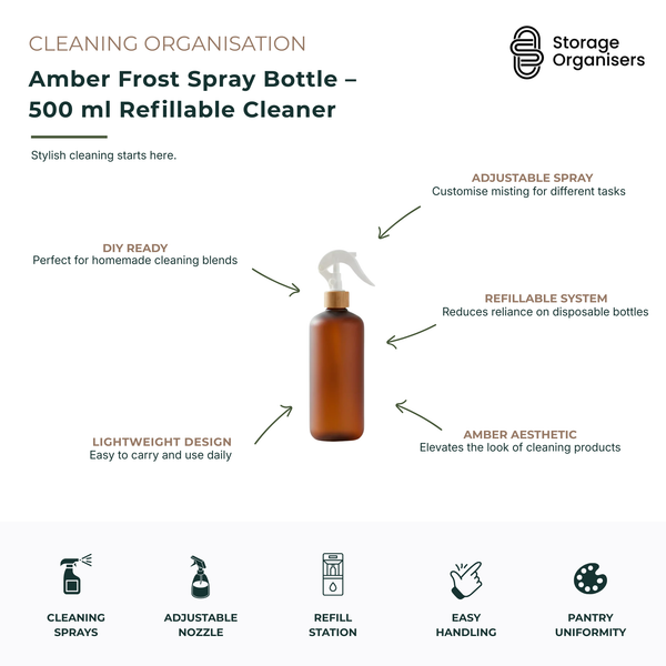 500ml amber frost spray bottle refillable cleaner designed for household cleaning, DIY cleaning solutions and reusable home organisation. Features an adjustable spray nozzle for misting or targeted spraying, durable lightweight construction and a modern amber finish that elevates cleaning storage. Ideal for kitchen, bathroom, laundry and all-purpose cleaning products while reducing reliance on disposable plastic spray bottles.