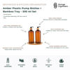 Amber plastic pump bottles with bamboo tray 500ml set designed for stylish and organised bathroom, kitchen and laundry storage. This coordinated dispenser set includes two refillable amber bottles with smooth pump dispensers and a matching bamboo tray to keep countertops neat and clutter-free. Ideal for hand soap, dishwashing liquid, lotion, shampoo, conditioner and other household liquids, the reusable bottles help reduce reliance on disposable packaging while creating a cohesive sink-side display. The war